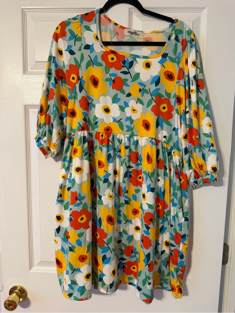 Floral Smocked Waist Dress - Mint with Yellow & Red Flowers